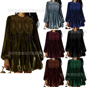 Womens Babydoll Dress A-Line Velvet Lace Swing With Scallop