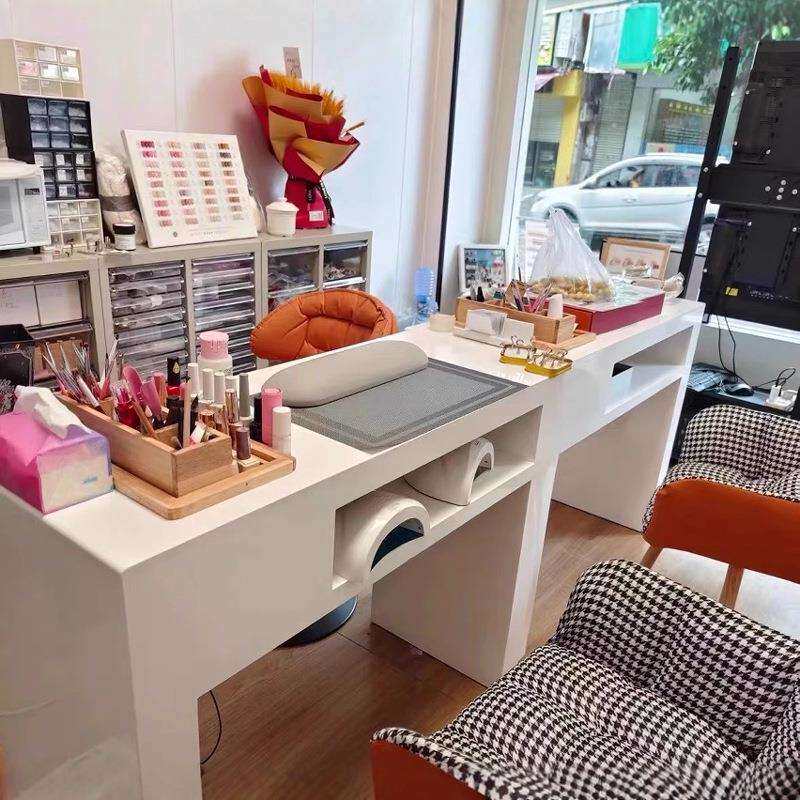 日式美甲桌子双人三人位美甲店装修带凹槽收纳盒吸尘器美甲台