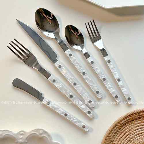韩ins风白色贝壳刀叉勺套装家用西餐牛排刀餐具甜品勺蛋糕水果叉