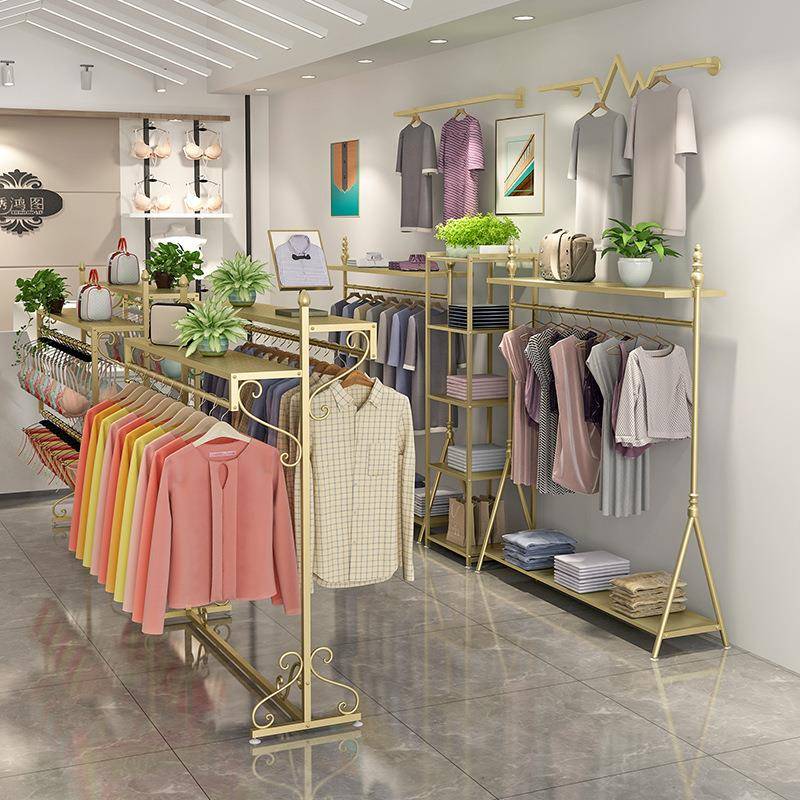 服装店展示架金色中岛落地式童装店陈列架服装架货架双排挂衣架子
