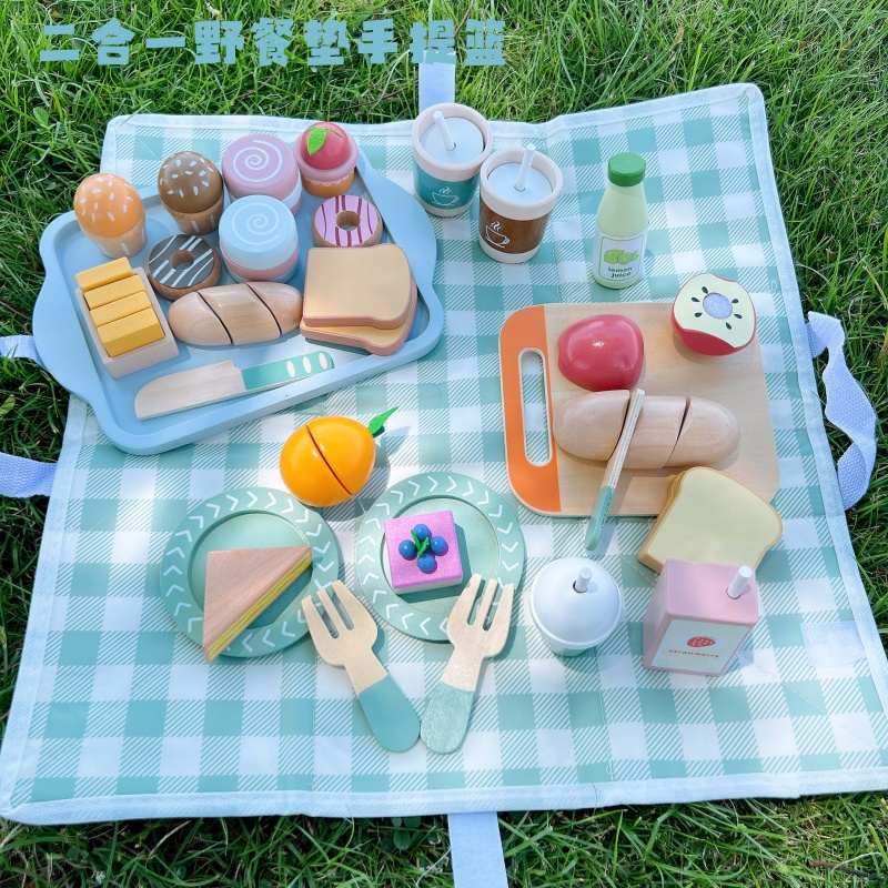 儿童木制仿真下午茶 蛋糕饮品野餐垫手提篮 幼儿园过家家厨房玩具