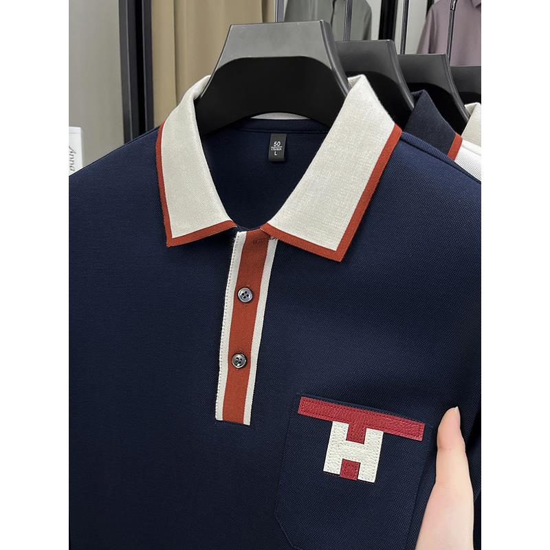 春秋奢华时尚撞色精致刺绣透气珠地棉polo衫男士修身翻领长袖t恤