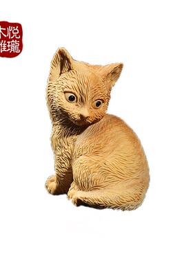 2018新品小猫咪木雕摆件 黄杨木精雕萌宠动物雕刻木质工艺品
