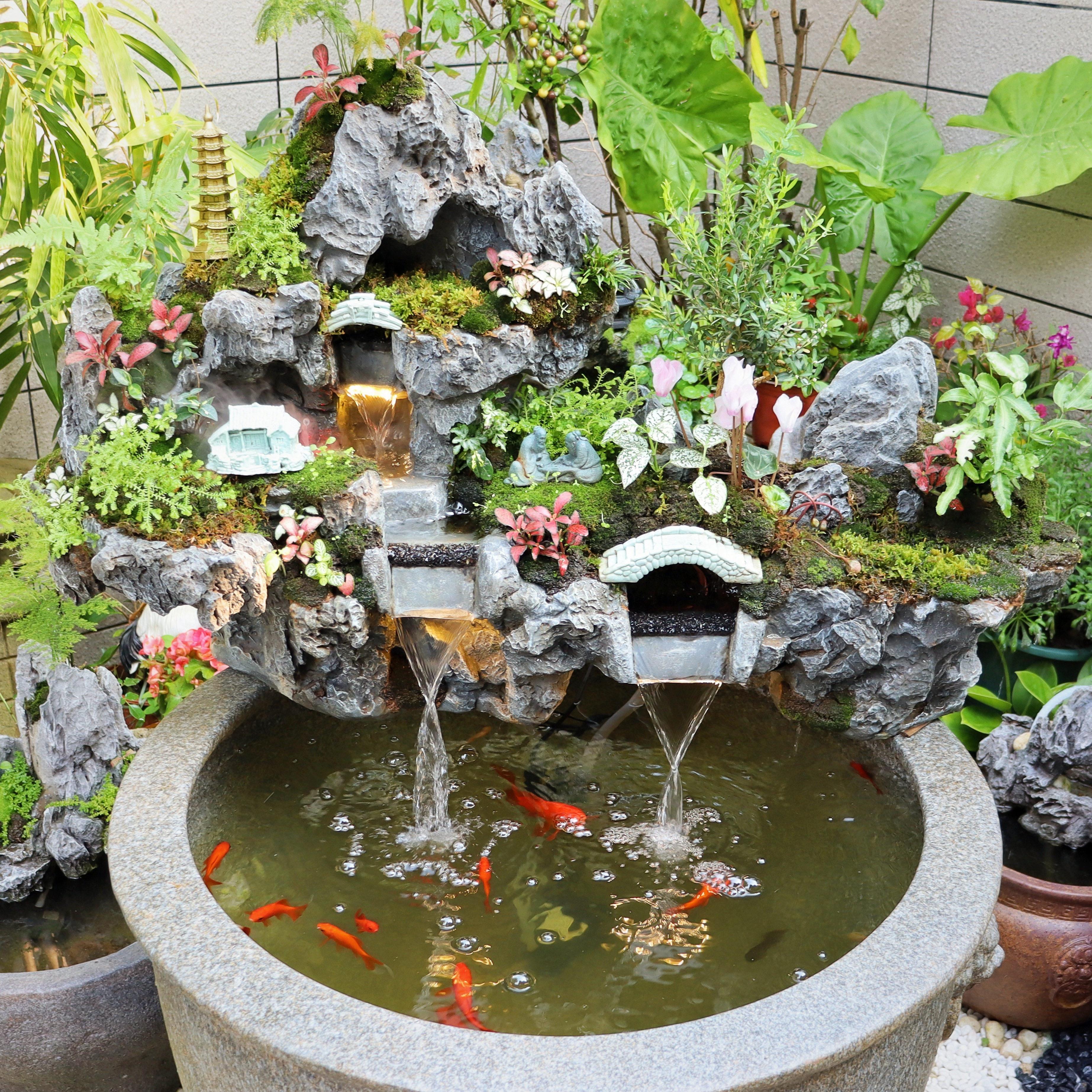 鱼池假山造景流水喷泉瀑布中式仿青龙石头摆件庭院花园水景观装饰