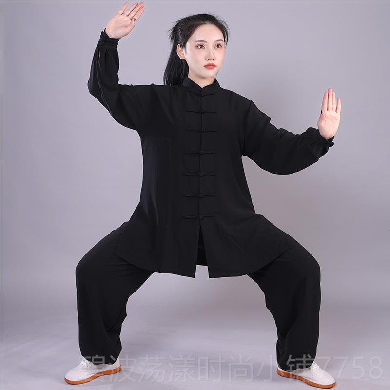 高档加厚麻太极男女中长款功晨练服宽松太极拳比棉赛练表服演服春
