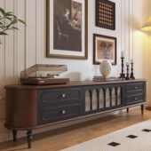 法式 客厅茶几电视柜组合落地储物柜 复古实木电视柜胡桃加黑色美式