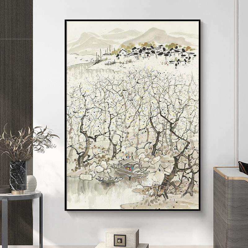 吴冠中江南水乡风景纯手绘油画客厅艺术挂画新中式入户玄关装饰画