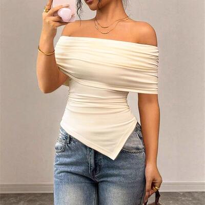 Women Plain Ruched Tee Casual Off Shoulder shirt Daily Wear