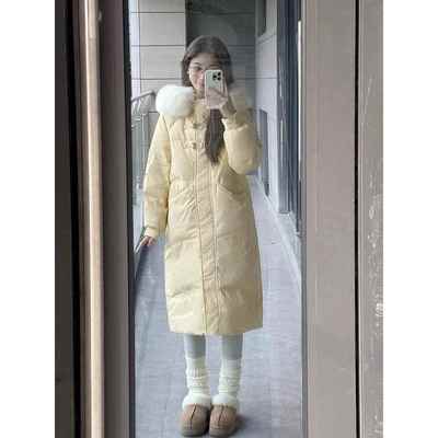 大毛领羽绒中长款棉服女2025新款冬季过膝棉袄加厚小个子棉衣外套