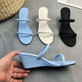 细带高跟鞋 2025新款 女坡跟凉拖鞋 女夏外穿时尚 韩版 简约一字带凉鞋