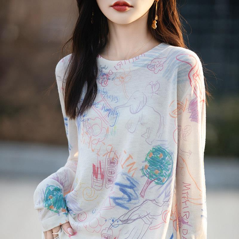 水溶精纺羊绒印花长袖针织打底衫女圆领薄款毛衣时尚洋派T恤上衣