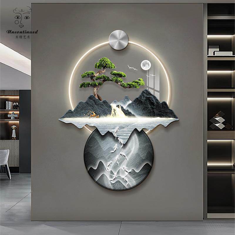 新中式迎客松玄关装饰画鱼图入户走廊过道led壁灯挂画山水壁画