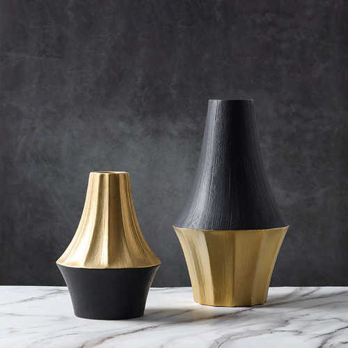 陶瓷美式花瓶奢装饰品北欧酒店摆件轻样板间现代家居花插黑金几何