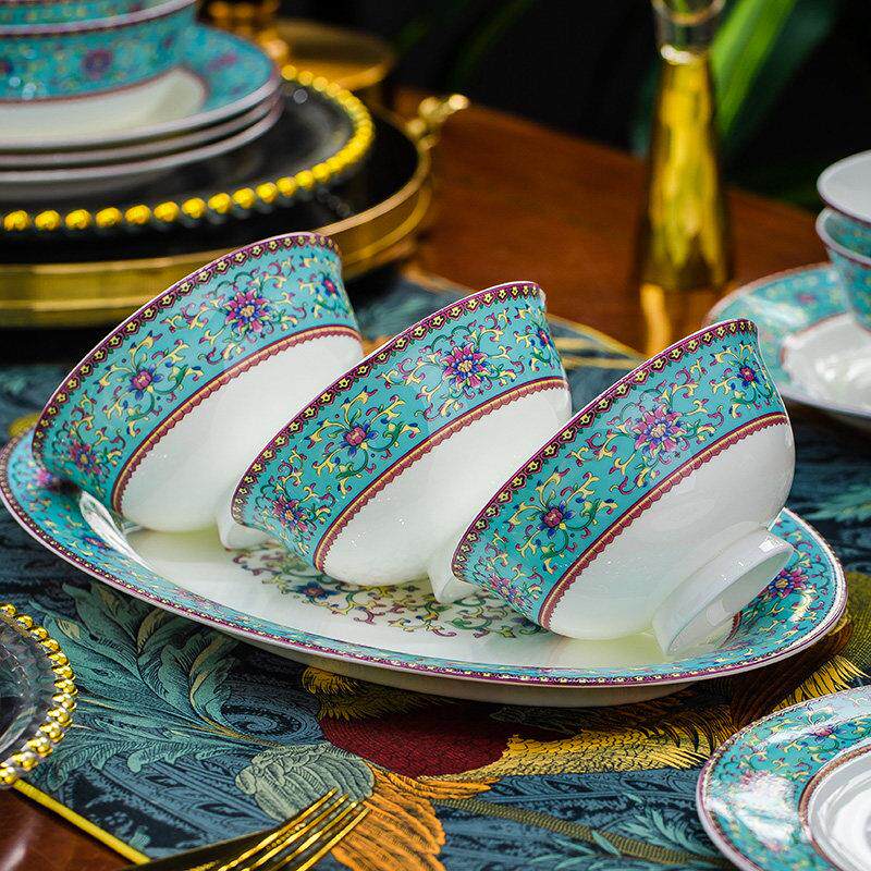 景德镇珐琅彩陶瓷餐具套装骨瓷米饭碗装菜盘子中式餐具家用碗盘碟