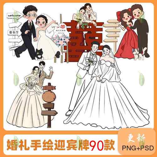 手绘人物新郎新娘订婚宴迎宾指路牌婚礼人像形立牌KT板PSD素材