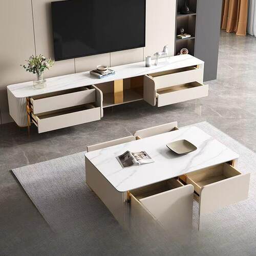 现代轻奢岩板茶几电视柜组合长方形小户地柜储物意白式型色872简