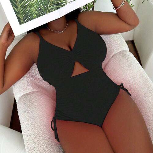 Plus Size Solid Cut Out Ruched One-Piece Swimsuit Casual