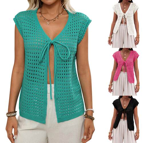 Women's hollow sweater, short sleeved knitted cardigan,
