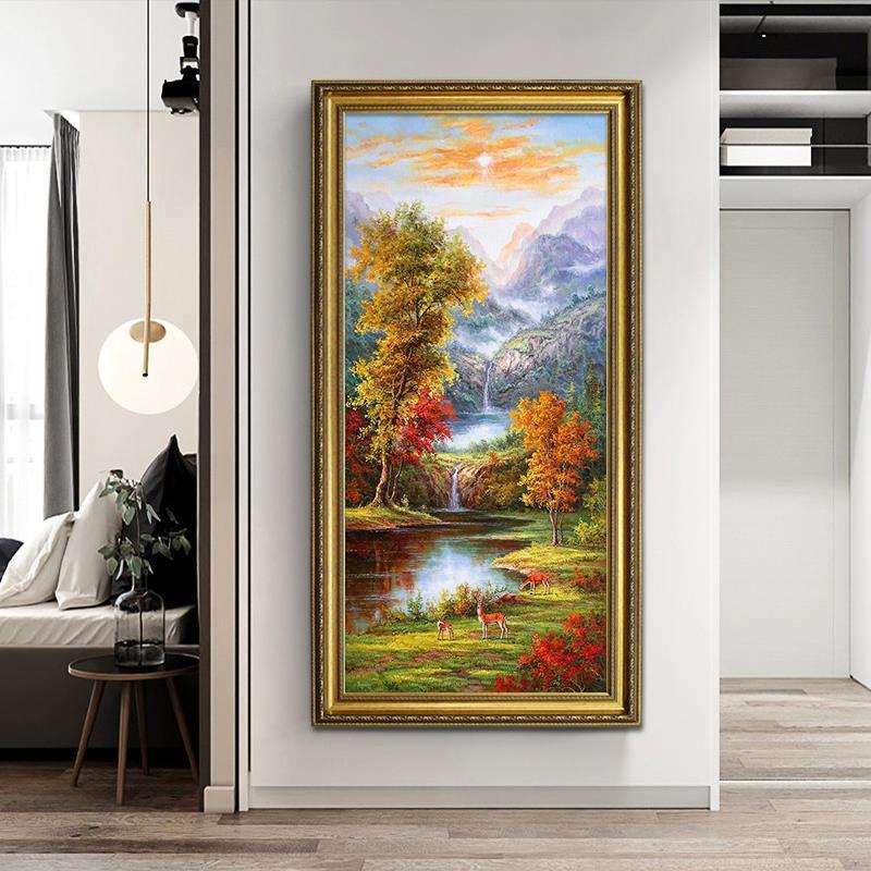 美式纯手绘日出瀑布山水入户玄关风景油画欧式走廊过道装饰画挂画