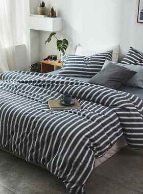 高档男友力暗黑 水洗棉系全四件棉黑色套条纹简约纯棉被套床笠