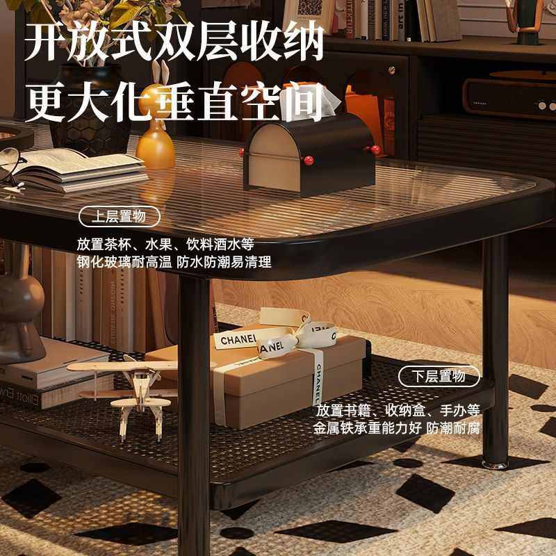 中古美式复古小户型茶几家用玻璃边茶几vsa茶几沙发双层法式客厅