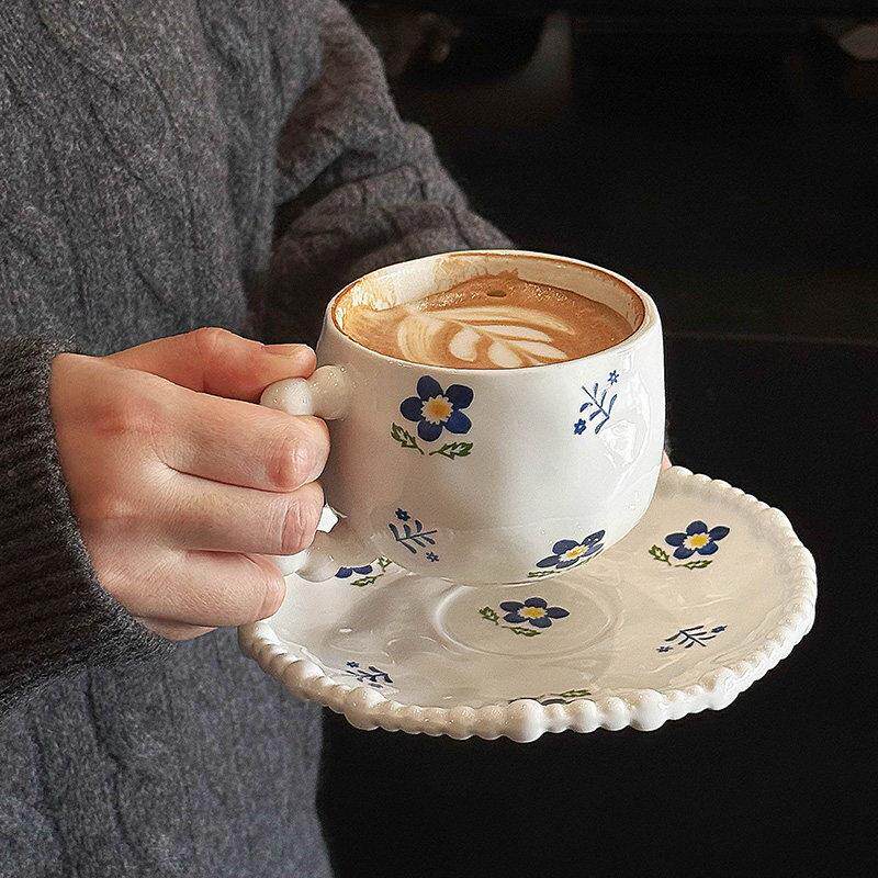 枝悟 法式覆古花朵咖啡杯碟 浮雕珍珠陶瓷杯 ins下午茶甜品点心盘