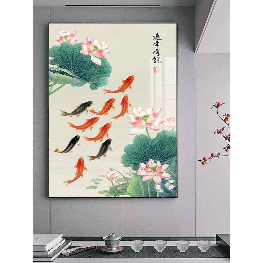 新中式荷花九鱼图玄关装饰画莲花荷叶客厅沙发背景9鲤鱼晶瓷挂画