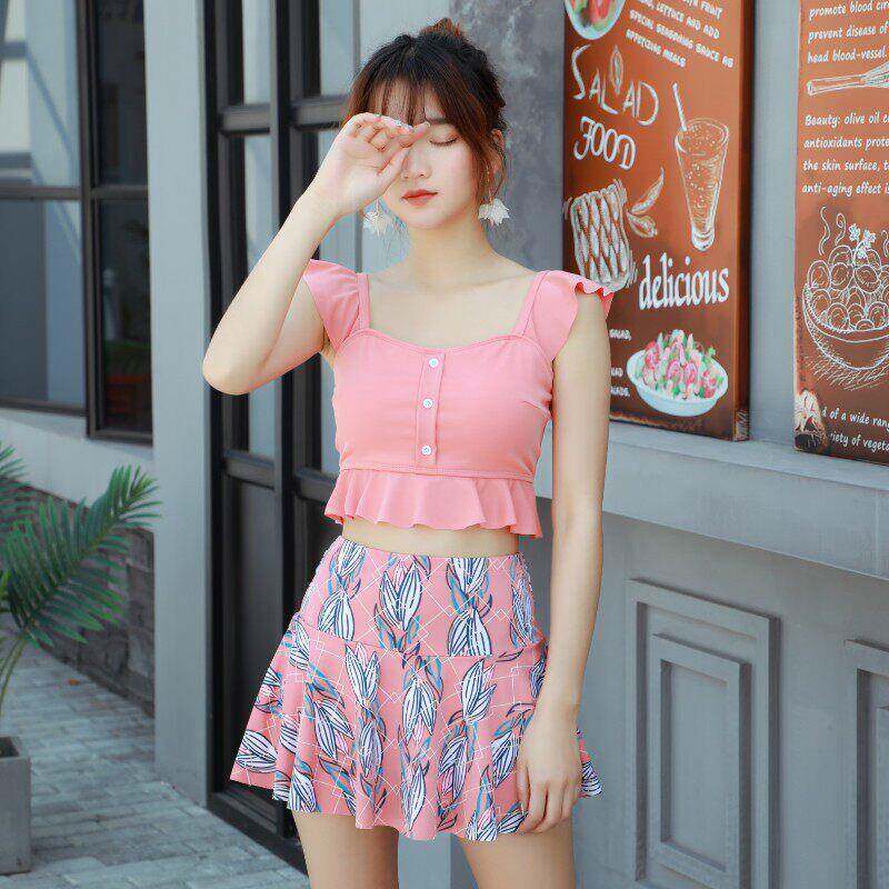 粉色游泳衣女两件式裙式平角小个子泡温泉吊带温泉遮肚保守0416r