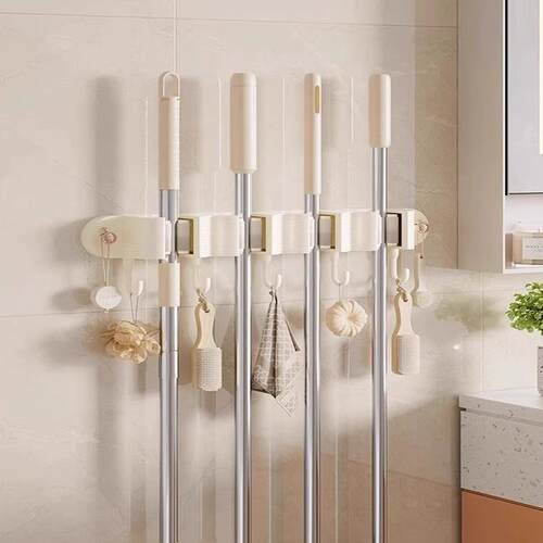 Wall-mounted Mop Hook Rack, No-Drill Bathroom Mop Storage Or