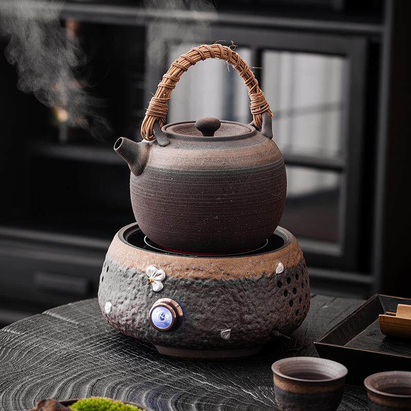 鎏金粗陶电陶炉复古围炉煮茶家用室内煮茶器陶瓷茶壶套装煮茶神器