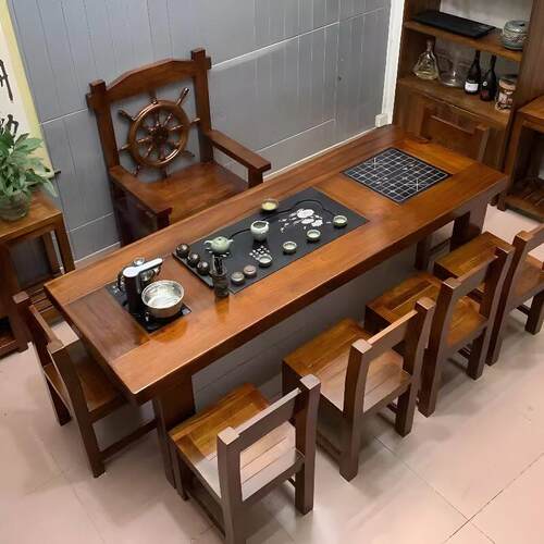 实木茶桌椅组合船木一桌五椅办公室功夫泡茶桌家用阳台茶几小茶台