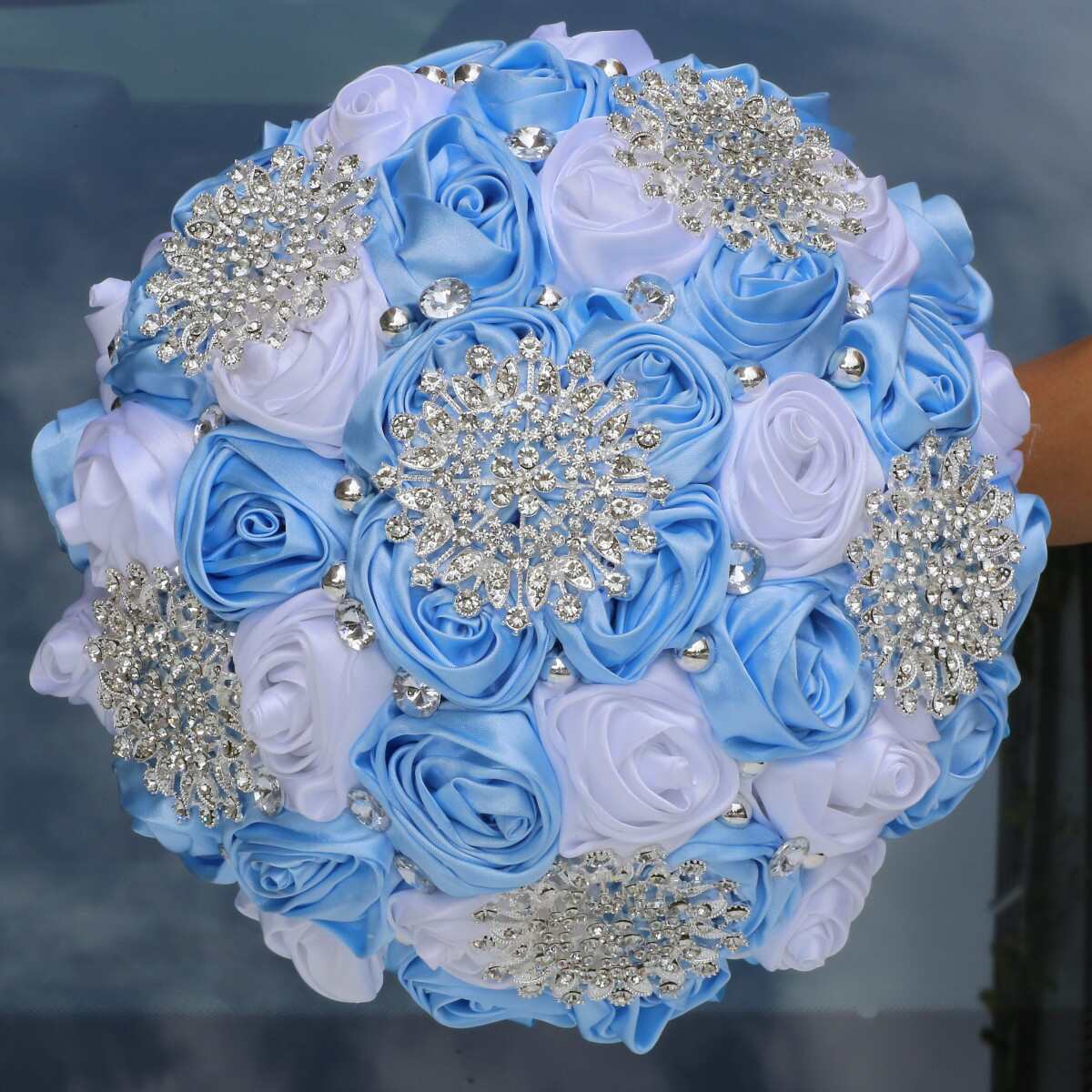 源头货源 现货浅蓝配白色手捧花水钻缎带新娘手捧花捧花W318B