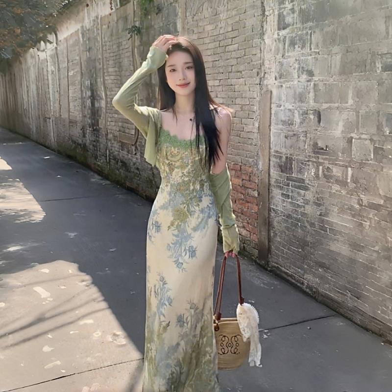 复古新中式吊带初春连衣裙女高级感开衫裙子套装两件套气质长裙夏