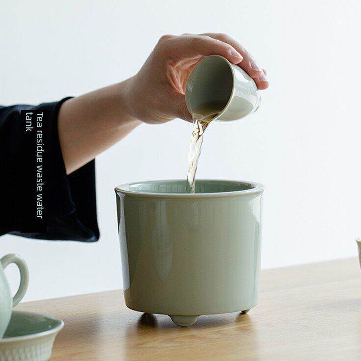 宋青三足茶渣杠大号毛笔洗陶瓷覆古水盂装墨汁茶洗建水茶水缸茶盂