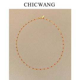 CHICWANG明星博主同款春节红色珐琅彩S925纯银镀18K金色珠珠项链