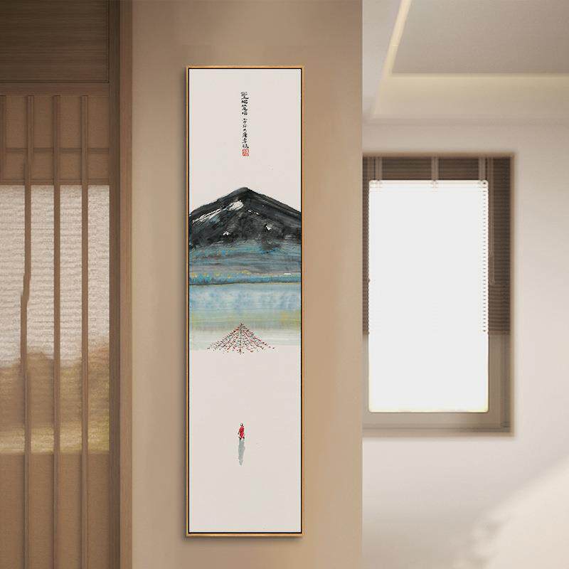 地新中式玄关装饰画过禅意长茶ABG条室画山水走圣廊道画原木风挂
