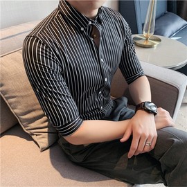 衬衫男夏季五分袖修身韩版休闲中袖寸英伦条纹七分袖衬衣男士帅气