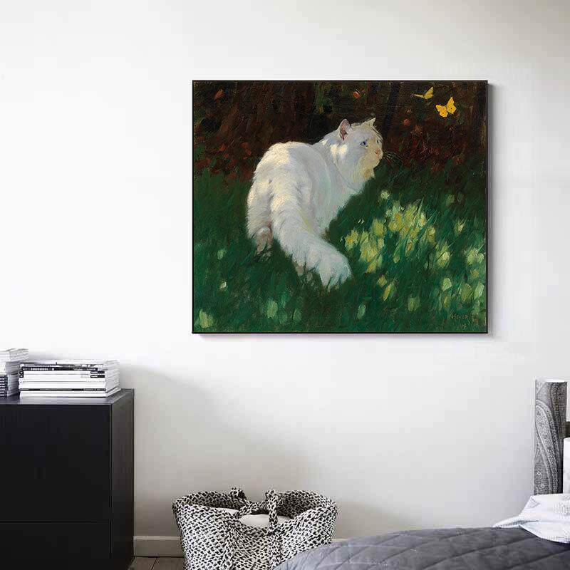 中古VINTAGE绿色油画小猫动物装饰画草地蝴蝶挂画客厅卧室小众