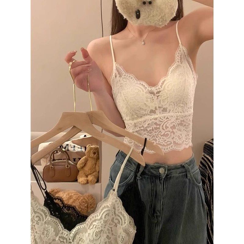 白色蕾丝吊带女夏季外穿V领镂空辣妹背心带胸垫文胸一体打底上衣