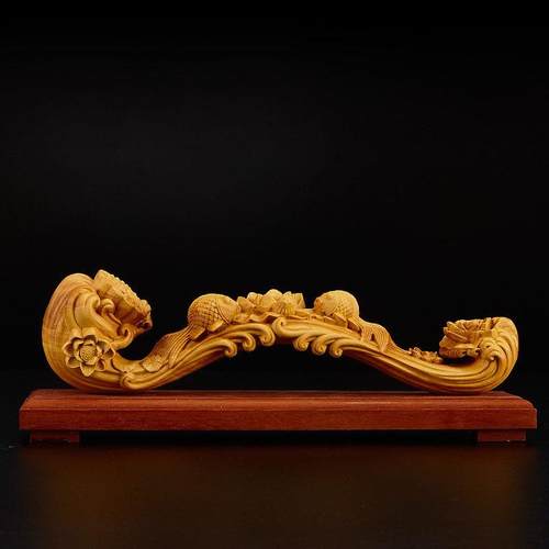 艺黄杨雕文玩手把件如意中式客LYX厅实木装木年年有余雕刻工品饰