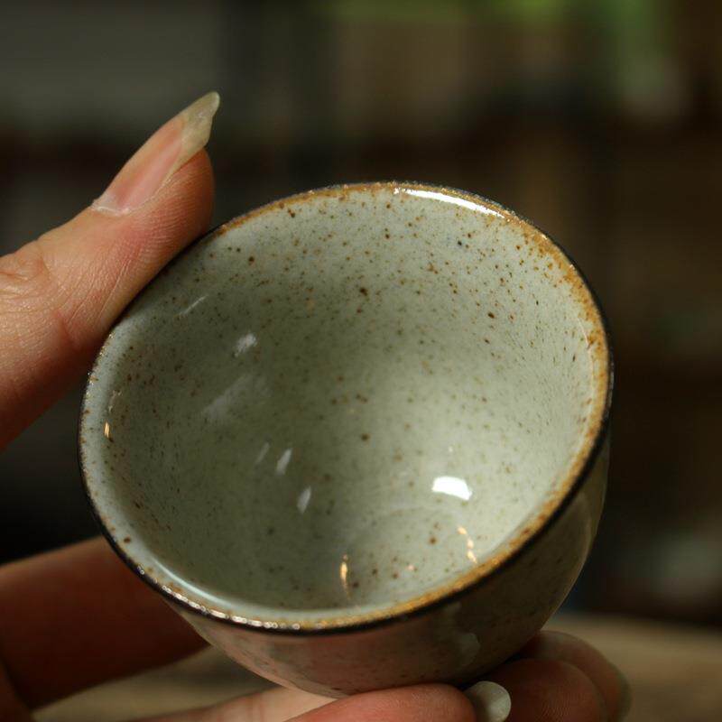 功夫茶具粗陶茶杯手工拉胚手绘茶盏高足古陶品茗杯四君子
