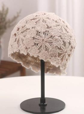 日系小众文艺蕾丝花朵镂空包头帽女甜美时尚保暖针织毛线帽0117k