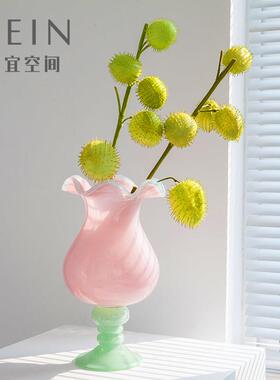 法中古荷叶花边风式灯琉璃瓶HP332花清新粉蓝色色高脚艺术拼色玻