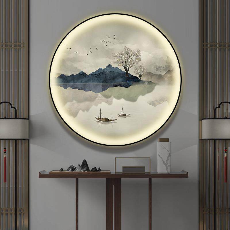 新中式圆形装饰画入户玄关画挂画正对门茶室led氛围灯画山水壁画
