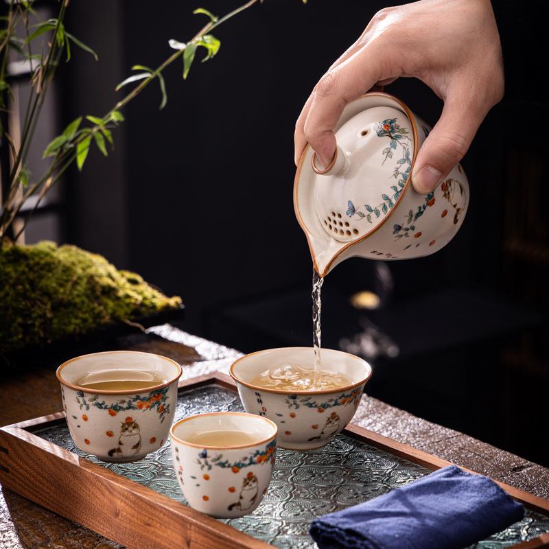汝窑旅行茶具套装便携式陶瓷快客杯喝茶户外露营精致猫咪女士茶具