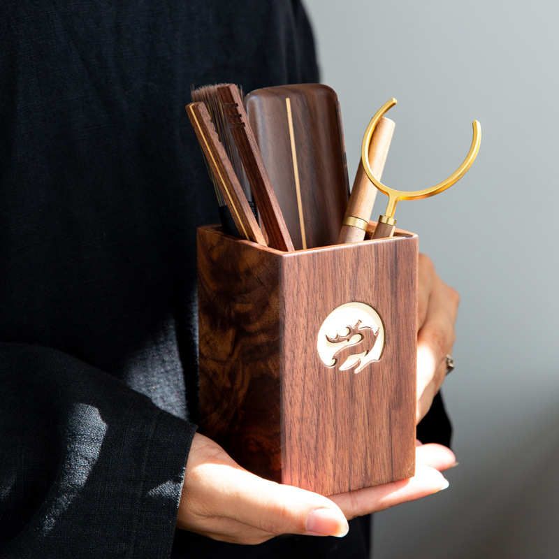 茶道六君子胡桃木实木原木茶筒新中式复古功夫茶具茶夹套装零配件