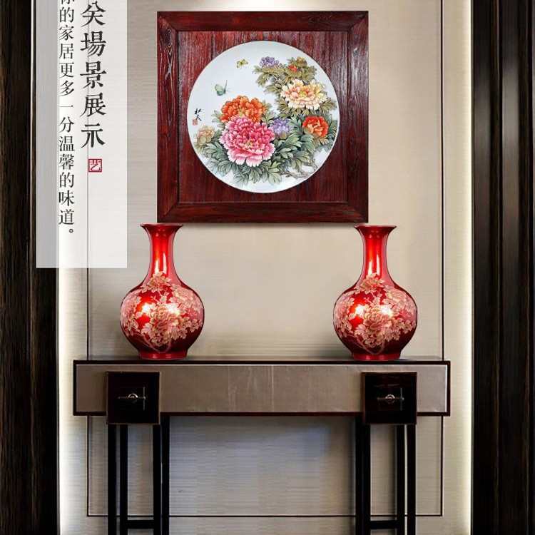 景德镇陶瓷器花瓶摆件中国红色擦花现代中式家居客厅电视柜装饰品