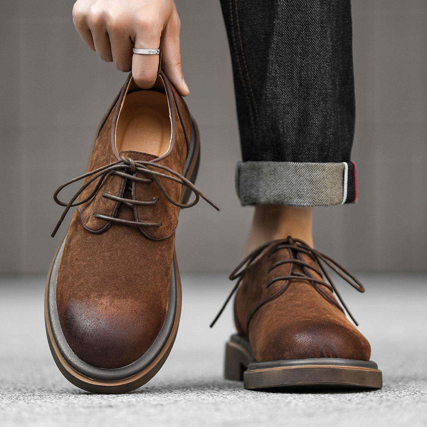 香港真皮德比鞋男春季夏季新款英伦低帮复古休闲百搭马丁靴工装鞋