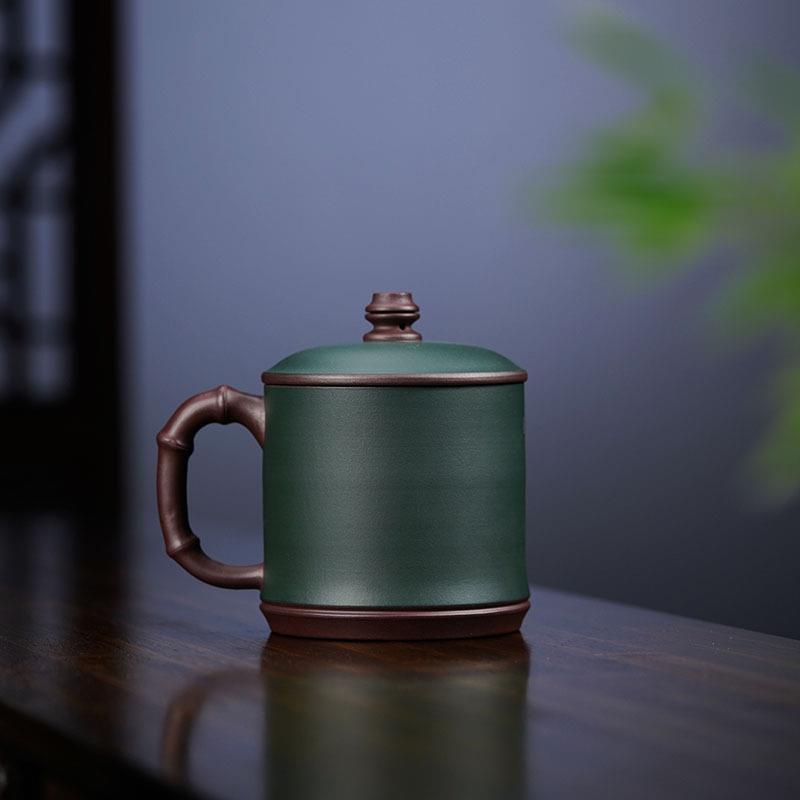 竹节紫砂办公杯宜兴茶具手工山水刻绘紫砂杯盖杯商用男士泡茶杯子
