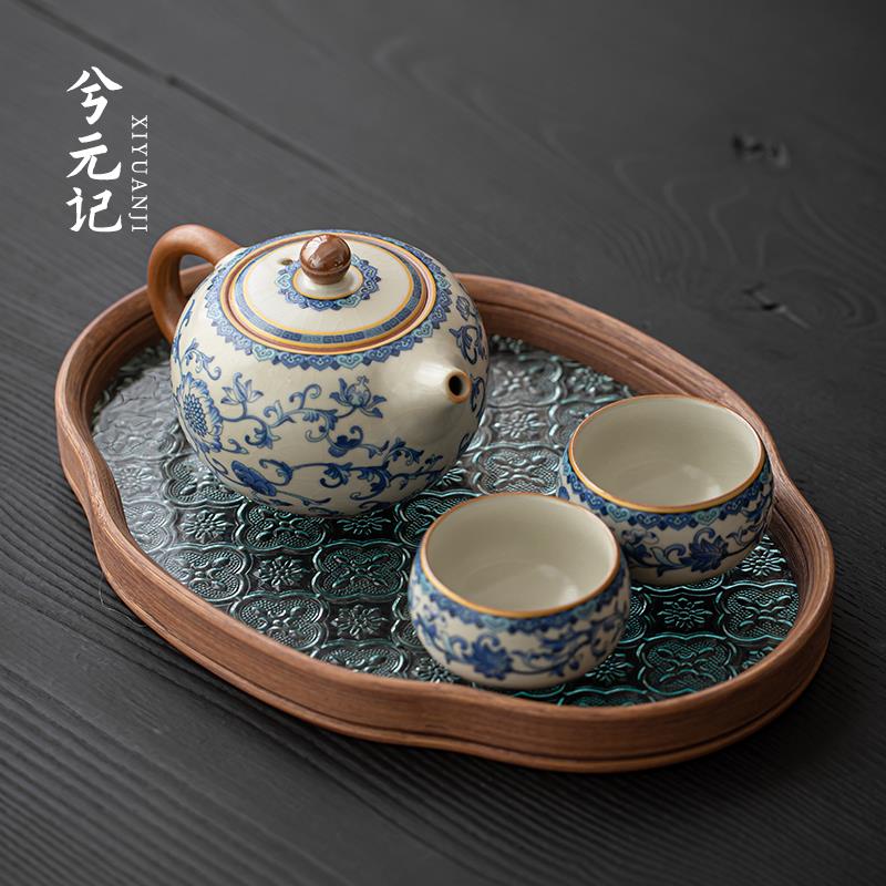 兮元记青花汝窑功夫茶具套组茶壶茶杯一壶两杯中式珐瑯彩泡茶小套